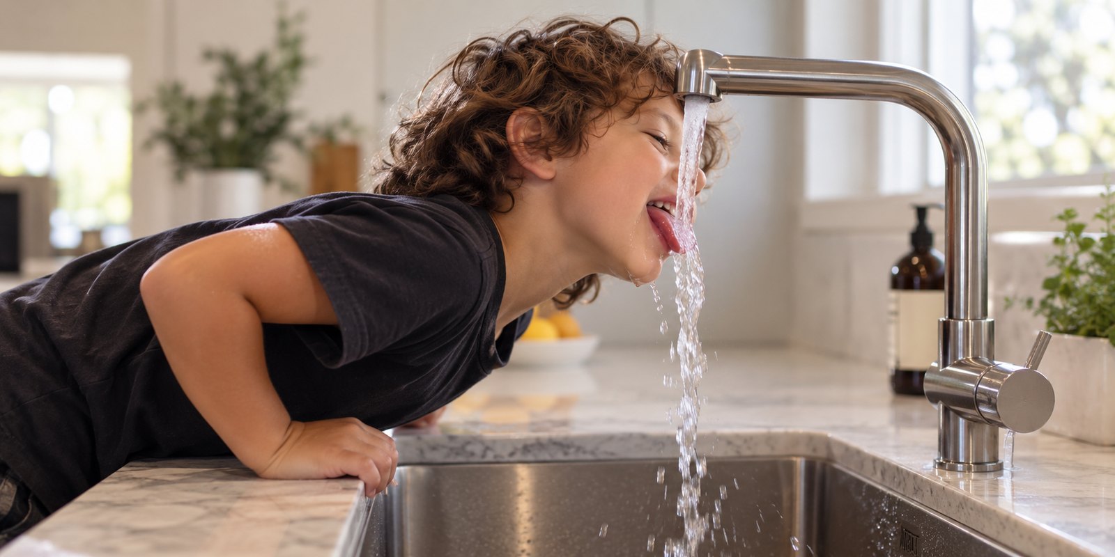 A child drinking straight from a filtered kitchen tap.